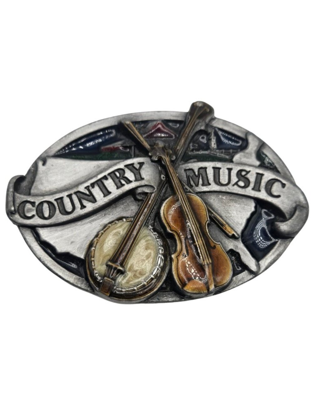 Country Music Belt Buckle Vintage 1984 Banjo Fiddle Musician Violin Western Wear